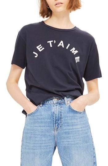 Women's Topshop Je T'aime Embroidered Tee Us (fits Like 0) - Blue