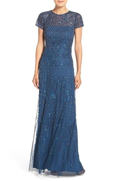 Petite Women's Adrianna Papell Embellished Mesh Gown P - Blue