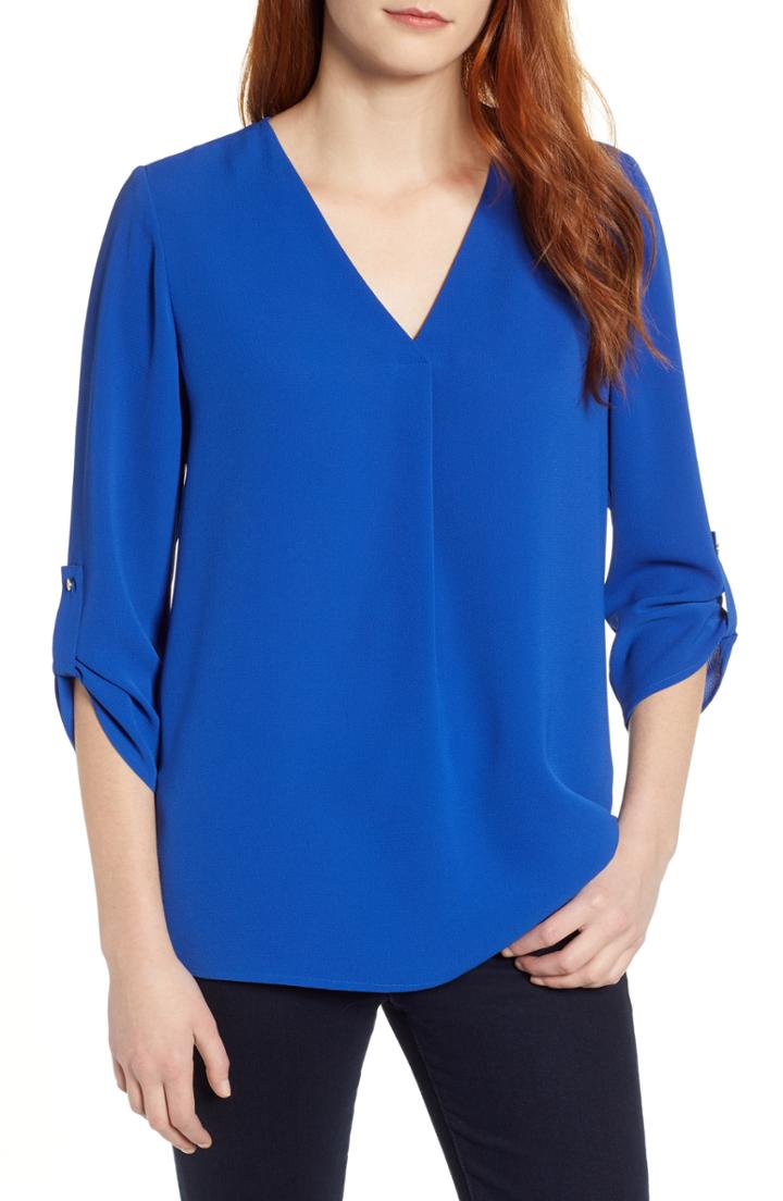 Women's Chaus Roll Tab V-neck Blouse - Blue