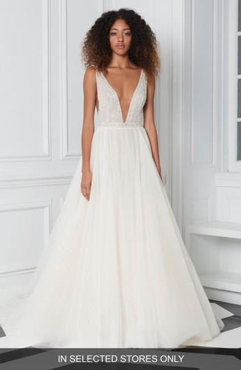 Women's Bliss Monique Lhuillier Beaded Plunge Neck Ballgown, Size In Store Only - Ivory