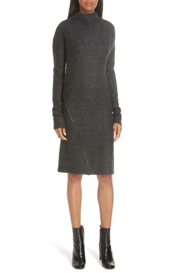 Women's Helmut Lang Leather Trim Wool Blend Dress - Grey