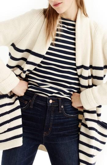 Women's J.crew Stripe Long Open Cardigan - Blue