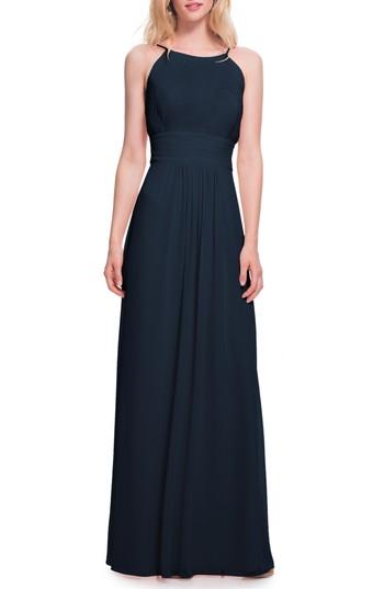 Women's #levkoff Low Back Pleated Chiffon Gown - Blue