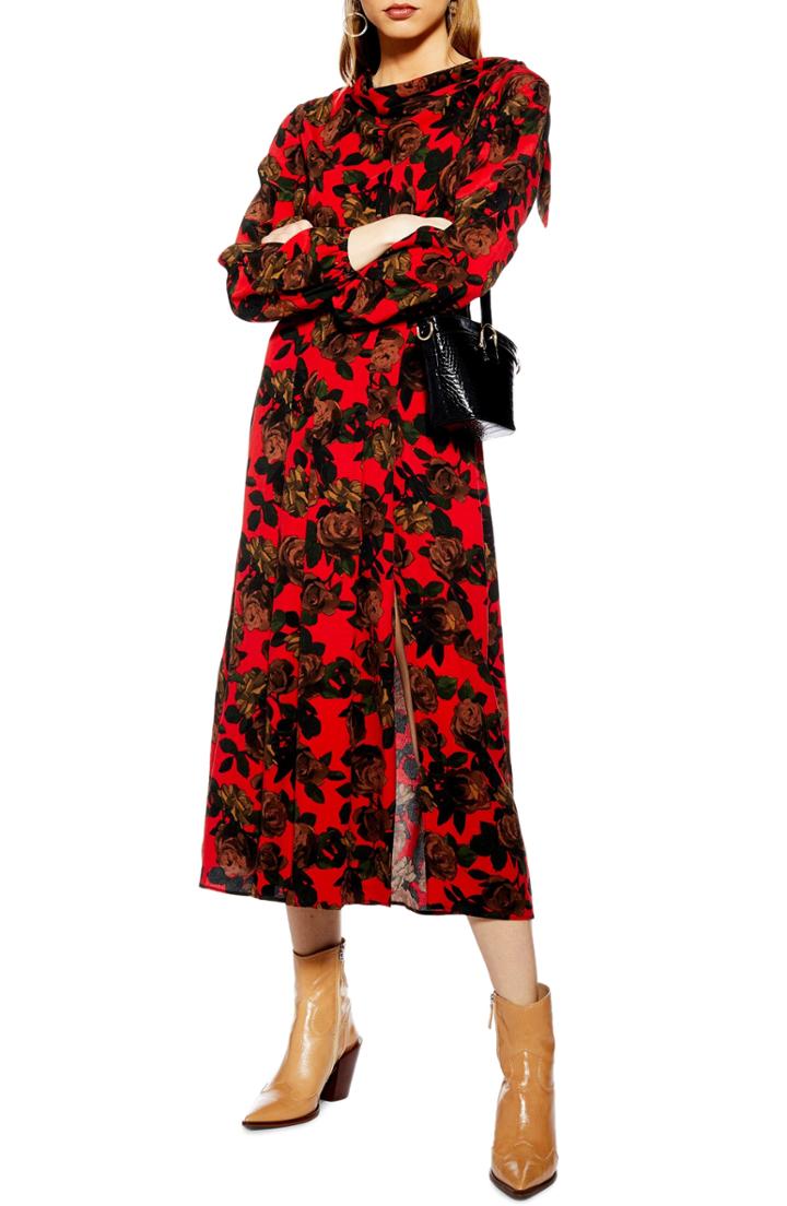 Women's Topshop Rose Cut Tie Neck Midi Dress Us (fits Like 0) - Red