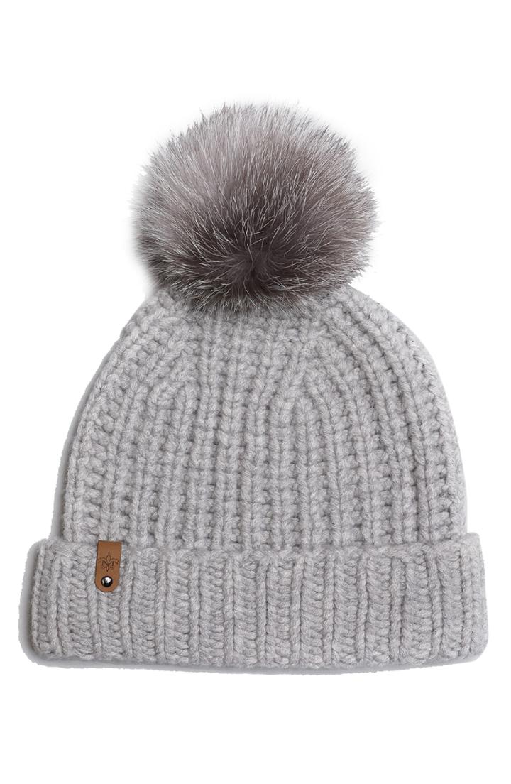 Women's Mackage Doris Cashmere Beanie With Removable Genuine Fox Fur Pom - Grey