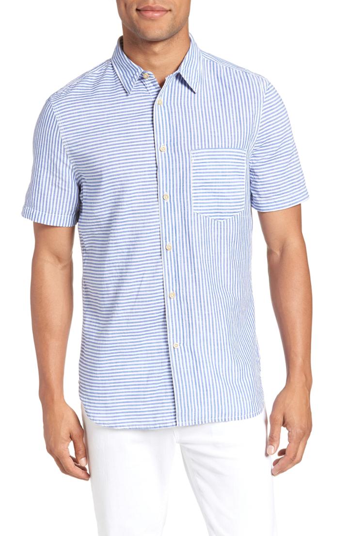Men's French Connection Stripe Chambray Cotton & Linen Sport Shirt