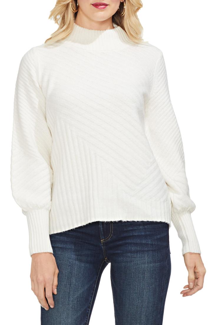 Women's Vince Camuto Mix Cable Balloon Sleeve Cotton Blend Sweater - White
