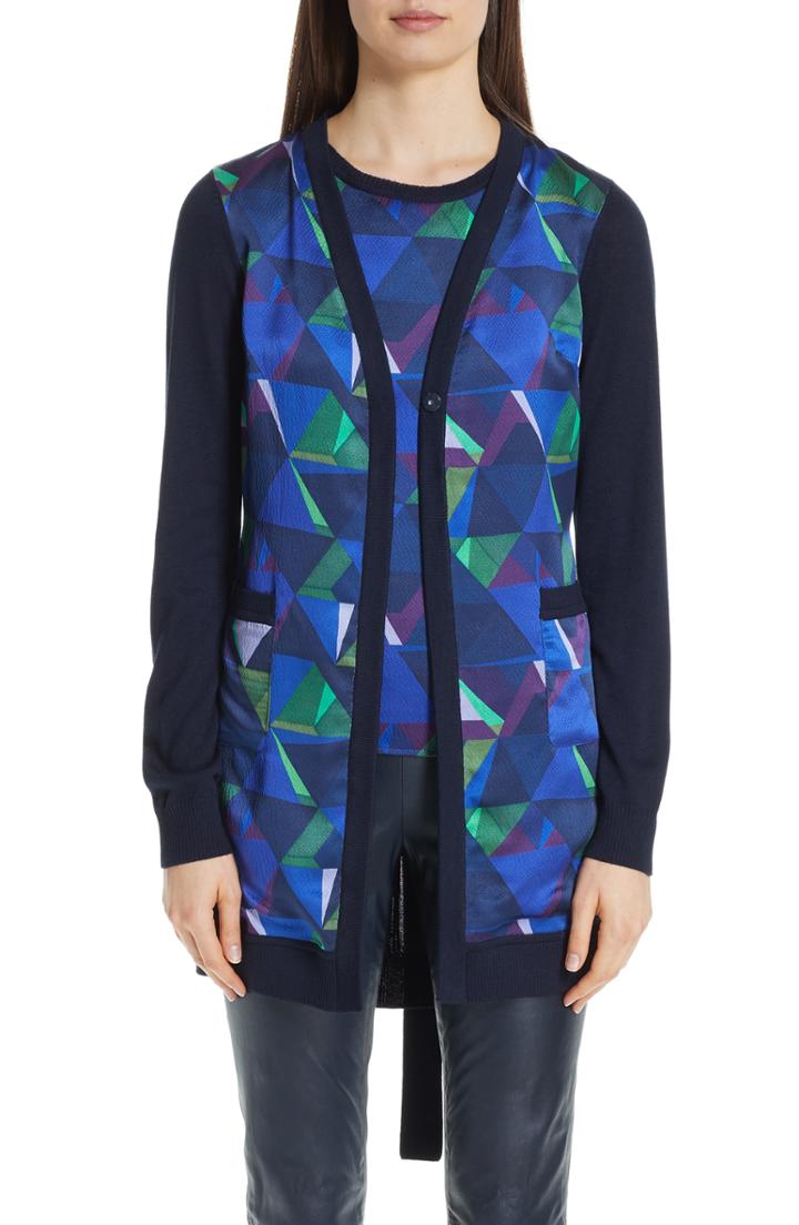 Women's St. John Collection Jersey & Silk Cardigan, Size - Blue