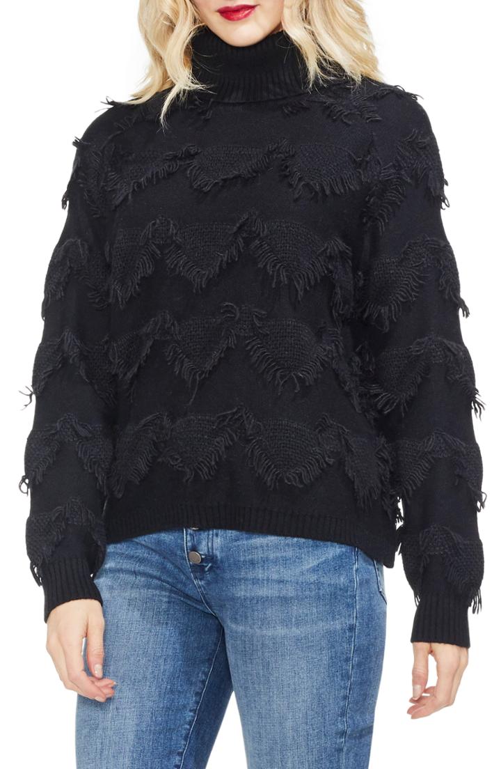 Women's Vince Camuto Geometric Fringe Turtleneck Sweater - Black