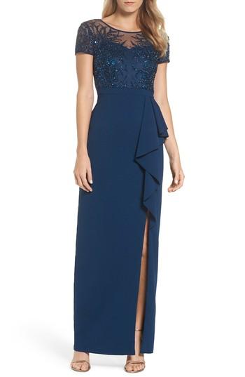Women's Adrianna Papell Beaded Bodice Ruffle Gown - Blue