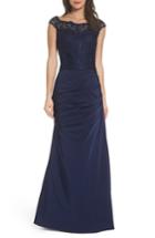 Women's La Femme Beaded Lace Ruched Gown - Blue