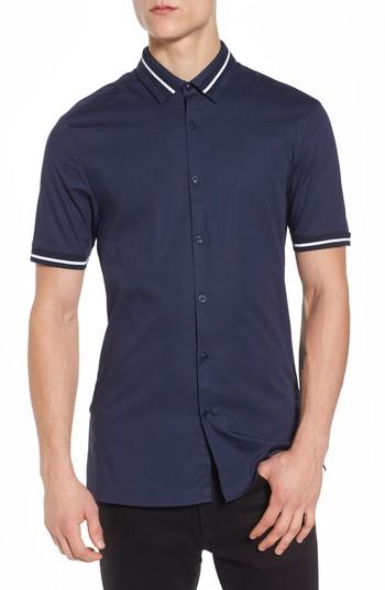 Men's Topman Muscle Fit Stripe Tipped Shirt - Blue