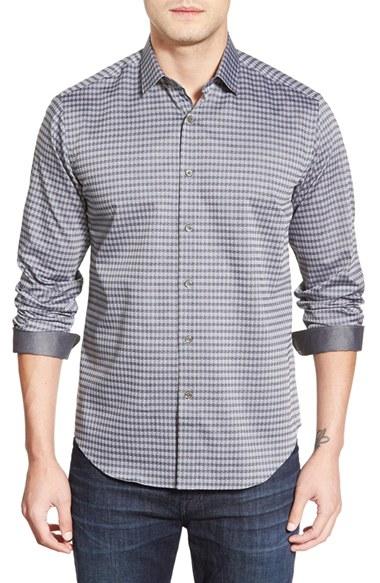 Men's Bugatchi Shaped Fit Stripe Sport Shirt - Grey