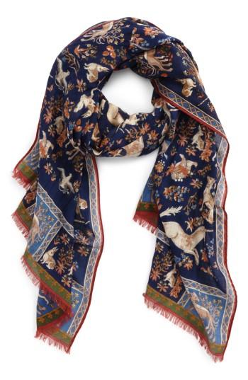 Men's Drakes Unicorn Print Wool & Silk Scarf, Size - Blue