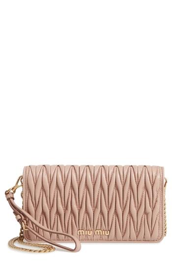 Women's Miu Miu Matelasse Leather Wallet On A Chain - Beige