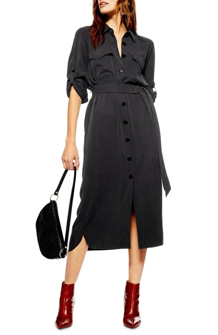 Women's Topshop Utility Midi Shirtdress Us (fits Like 0) - Black