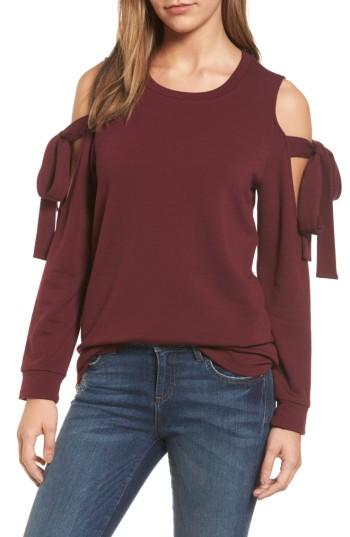 Petite Women's Pleione Cold Shoulder Tie Sleeve Sweatshirt, Size P - Burgundy