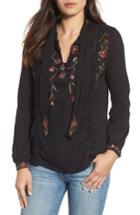 Women's Lucky Brand Tie Neck Embroidered Blouse - Black