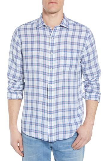 Men's Faherty Laguna Plaid Linen Sport Shirt - Blue