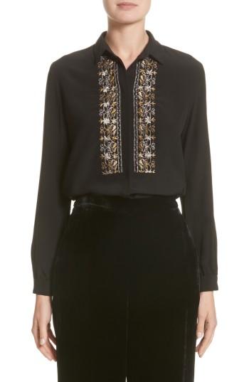 Women's Etro Embroidered Bib Silk Blouse Us / 44 It - Black