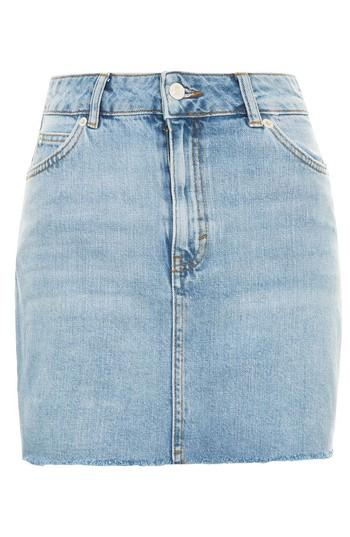 Women's Topshop Frayed Hem Denim Miniskirt Us (fits Like 0) - Blue