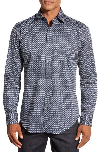 Men's Bugatchi Classic Fit Geo Print Sport Shirt, Size - Blue