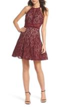 Women's Morgan & Co. Sheer Inset Lace Fit & Flare Dress /6 - Burgundy