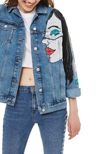 Women's Topshop Girl Painted Denim Jacket Us (fits Like 16-18) - Blue