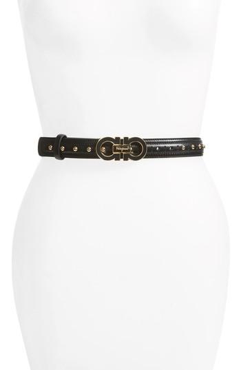 Women's Salvatore Ferragamo Groove Leather Belt With Double Gancini Buckle - Nero