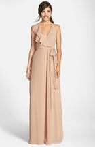 Women's Nouvelle Amsale 'erica' Ruffle Chiffon Halter Neck Wrap Gown - Beige