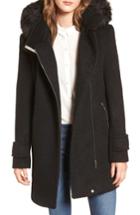 Women's Calvin Klein Hooded Wool Blend Jacket With Faux Fur Trim - Black