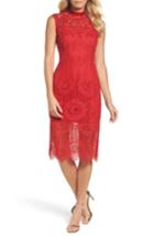 Women's Tadashi Shoji High Neck Stripe Lace Sheath Dress - Red