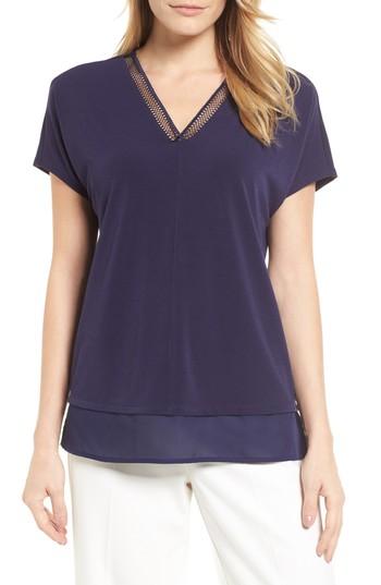 Women's Chaus Short Sleeve Crochet Neck Top - Blue