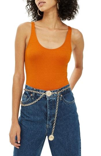 Women's Topshop Textured Scoop Neck Bodysuit Us (fits Like 0) - Orange