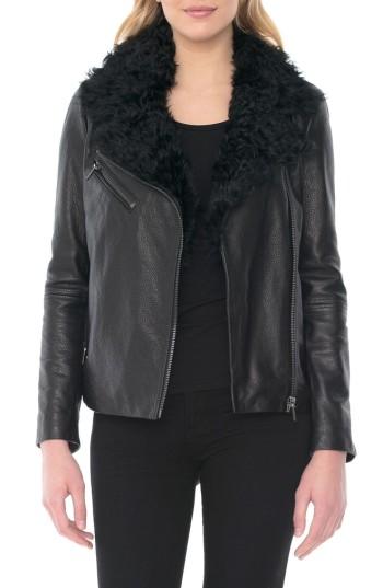 Women's Badgley Mischka Marianne Genuine Shearling Collar Moto Jacket