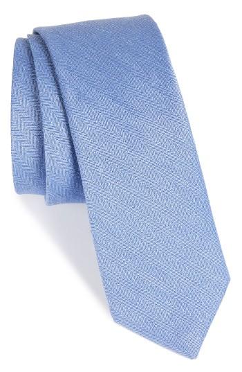 Men's The Tie Bar Herringbone Linen & Silk Skinny Tie, Size - Blue