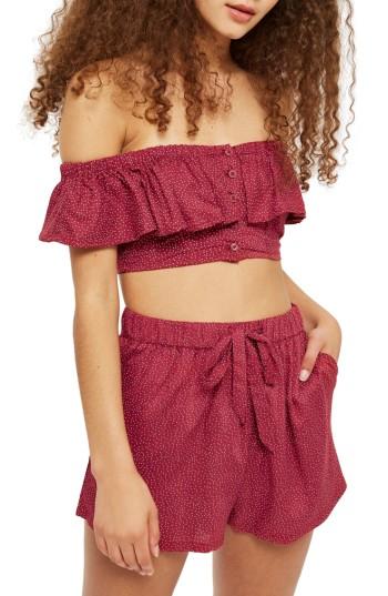 Women's Topshop Spot Frill Off The Shoulder Crop Top Us (fits Like 0) - Burgundy