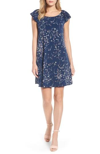 Women's Cece Ditsy Swirls Puffed Sleeve Dress, Size - Blue
