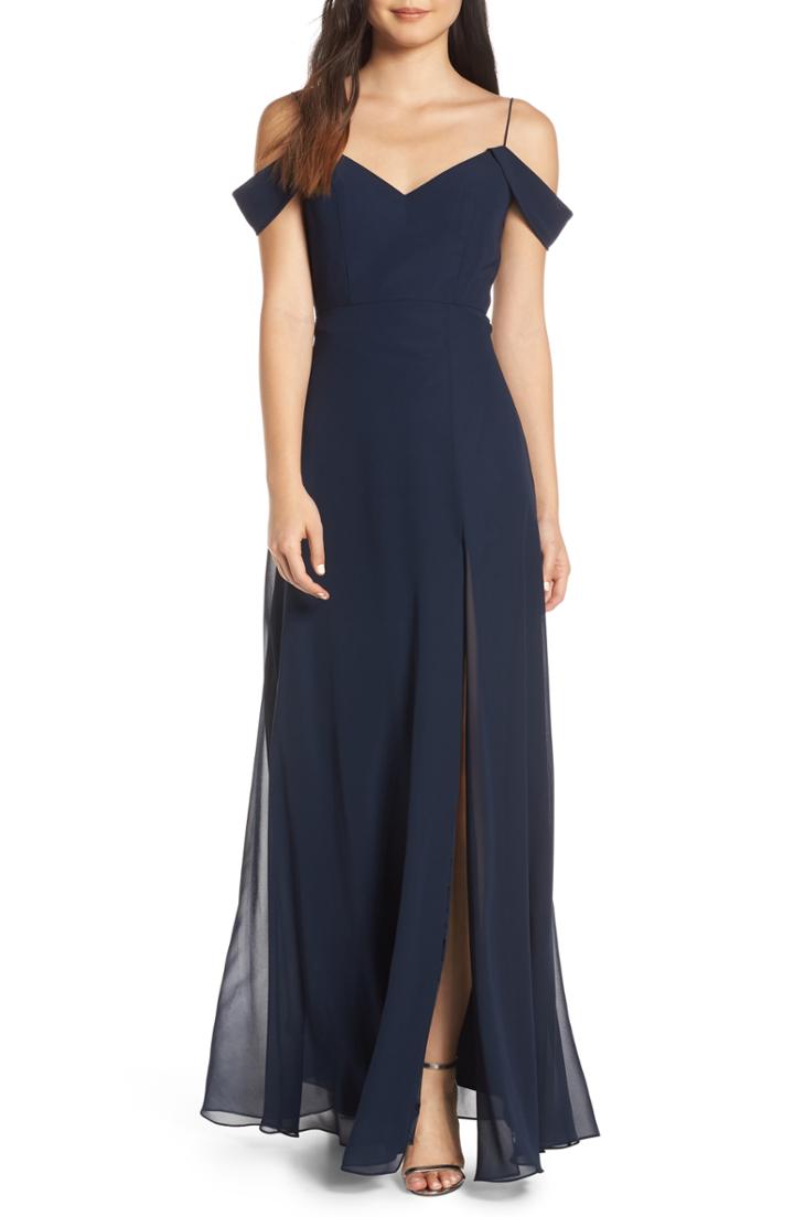 Women's Jenny Yoo Priya Cold Shoulder Chiffon Evening Dress - Blue