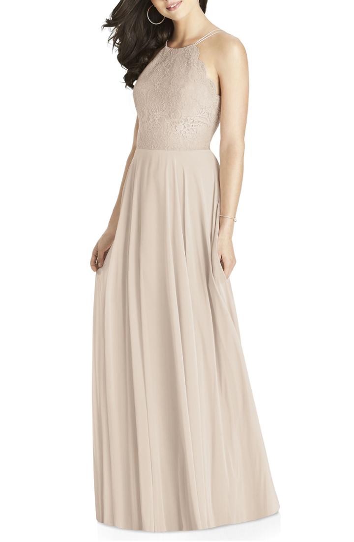 Women's Dessy Collection Lace & Chiffon Halter Gown - Beige