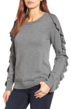 Petite Women's Halogen Ruffle Sleeve Sweater, Size P - Grey