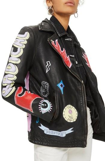 Women's Topshop Painted Leather Biker Jacket - Black