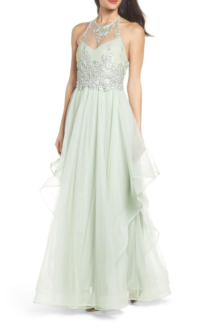 Women's Sequin Hearts Embroidered Halter Gown