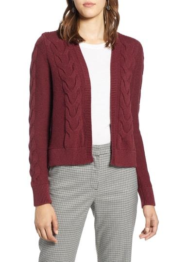 Women's Halogen Open Front Cable Cardigan - Burgundy