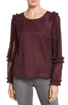 Women's Halogen Ruffle Sleeve Sheer Blouse, Size - Burgundy