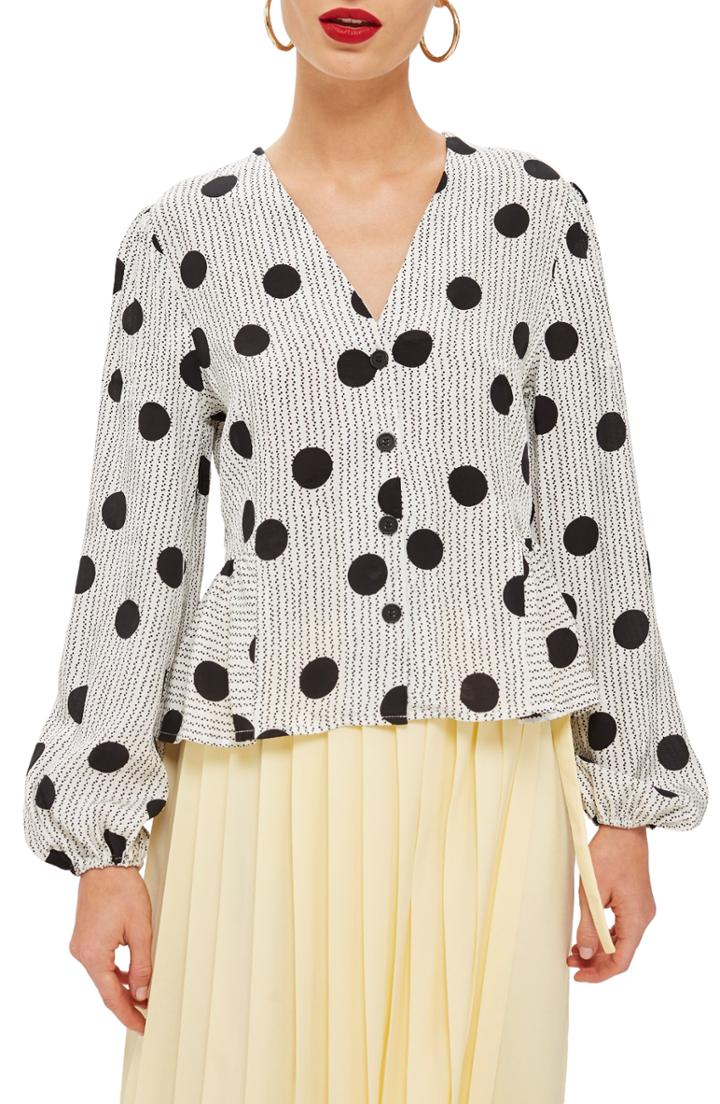 Women's Topshop Spotted Peplum Blouse Us (fits Like 0-2) - Black
