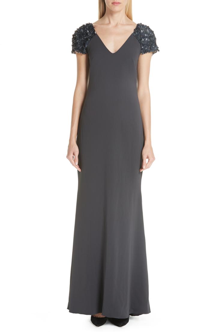 Women's Badgley Mischka Platinum Beaded Cap Sleeve Gown - Grey