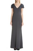 Women's Badgley Mischka Platinum Beaded Cap Sleeve Gown - Grey