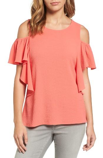Women's Bobeau Cold Shoulder Ruffle Sleeve Top - Coral