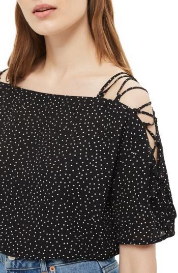 Women's Topshop Spot Lattice Shoulder Top Us (fits Like 0-2) - Black